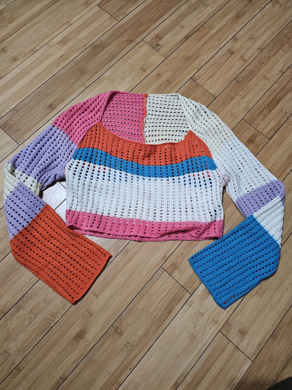 Multicolor Crochet Open-Knit Long-Sleeve Crop Top